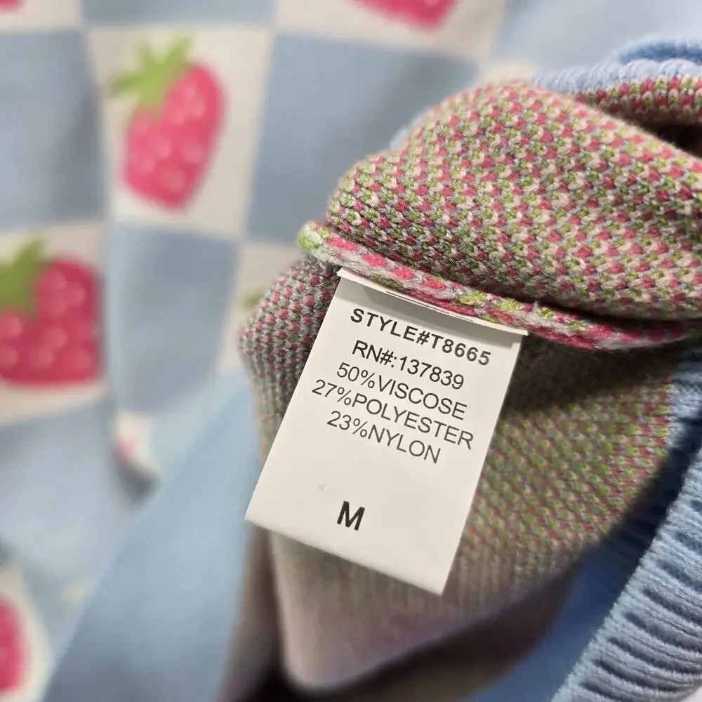 Luna Ivy Sweater Girls Medium Blue Pink Strawbery Checkered Crew T8665
